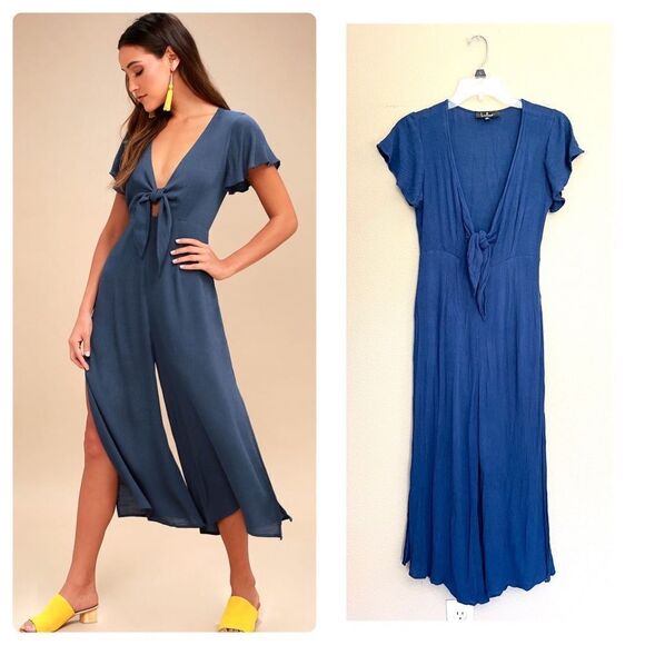 Lulu’s Tie-Front Culotte Jumpsuit with Side Slits - Picture 1 of 12